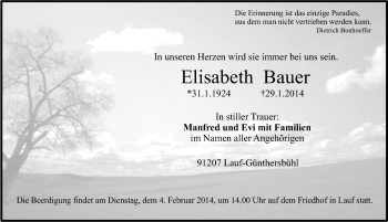 Traueranzeige von Elisabeth Bauer von Pegnitz-Zeitung